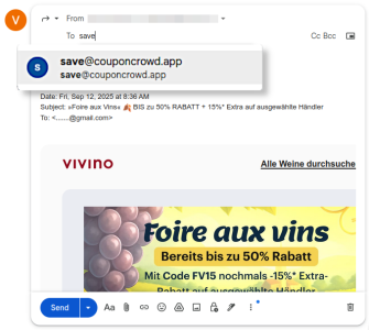 CouponCrowd forwarding promo email to save@couponcrowd.app